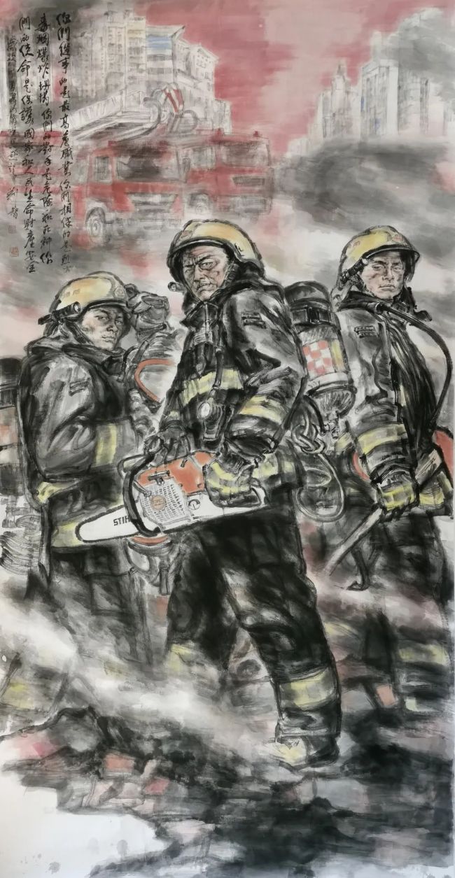 消防员国画作品图片