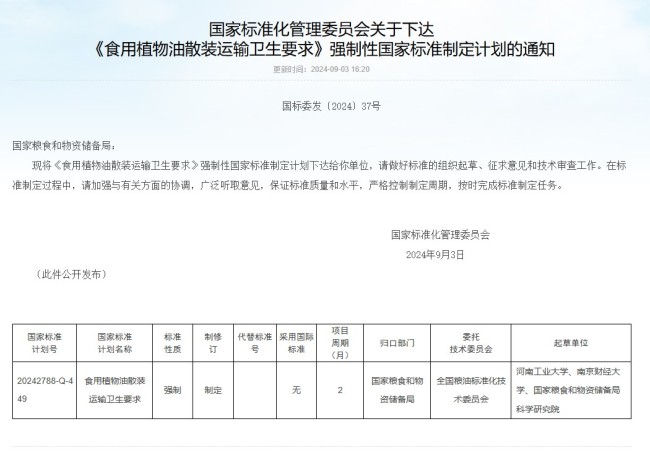 事关食用油运输 强制性国家标准制定计划通知下达