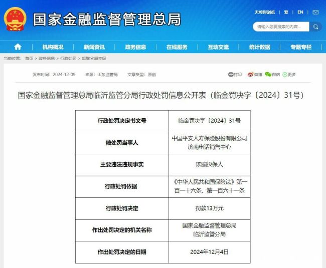 因“欺骗投保人”及其他销售误导行为，平安人寿济南电话销售中心等山东多家分支机构及相关人员被处罚