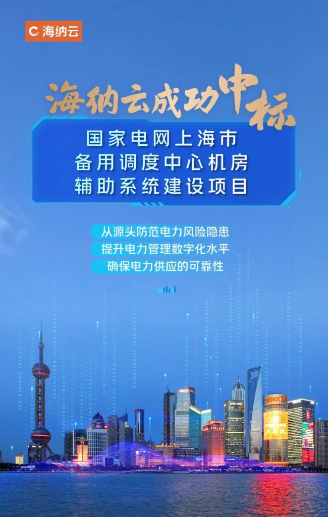 海纳云成功中标“国家电网上海市备用调度中心机房辅助系统建设项目”