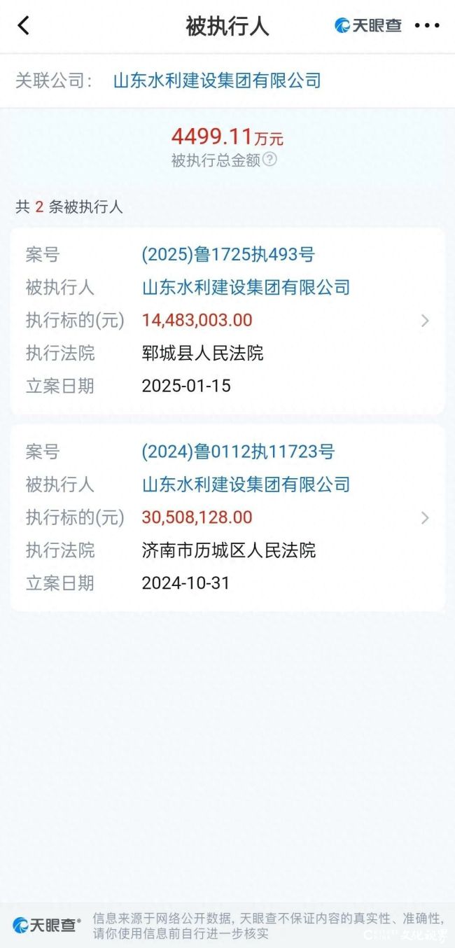 山东水利建设集团成被执行人，执行标的超4000万元