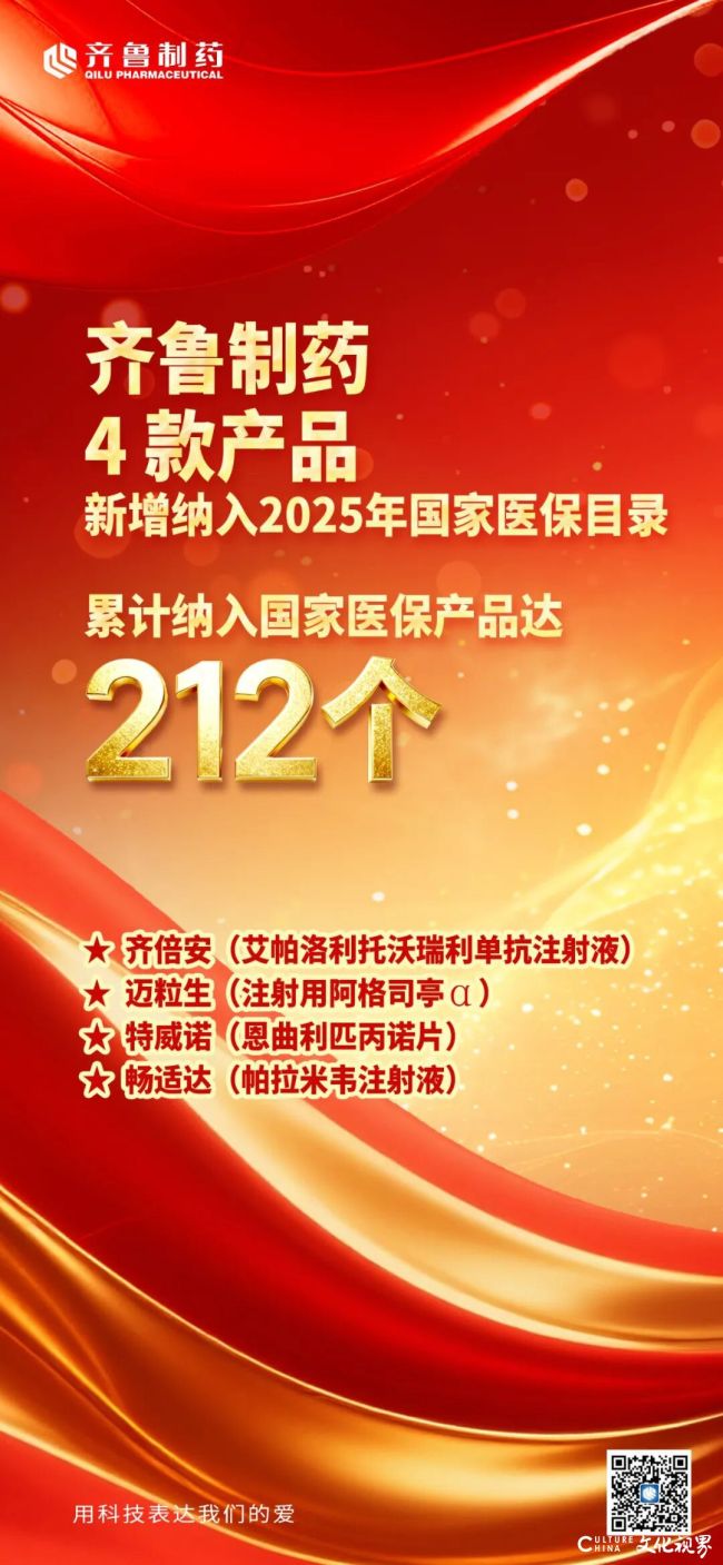 齐鲁制药新增4款产品纳入2025年国家医保目录,累计纳入目录产品已达212个