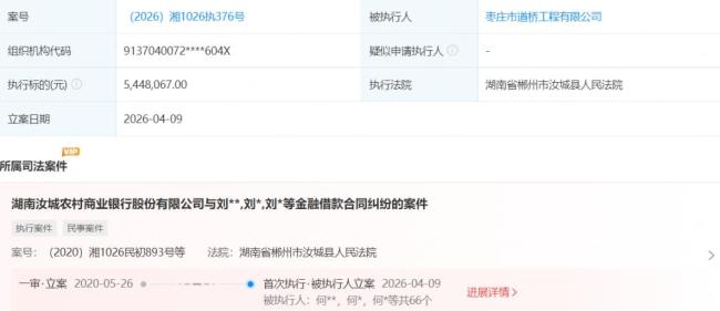 枣庄国资旗下道桥公司再添被执行信息，一个月内涉案近600万元