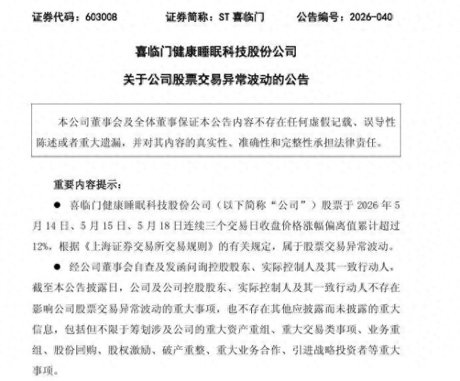 连续八个一字板跌停后再三个涨停,ST喜临门连发风险警示
