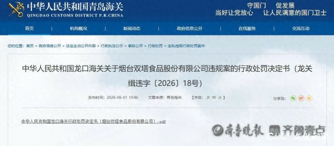 双塔食品漏缴税款收海关罚单