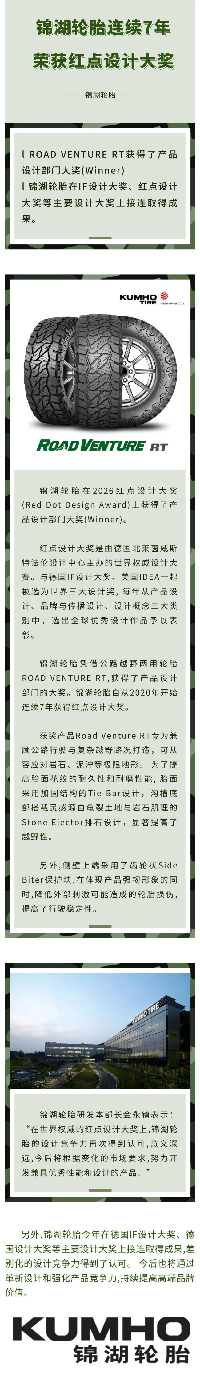 锦湖轮胎连续7年荣获红点设计大奖，持续领跑全球轮胎工业设计赛道