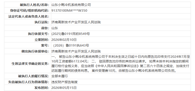 山东小鸭冷机系统有限公司成失信被执行人，卷入两起劳动纠纷案件