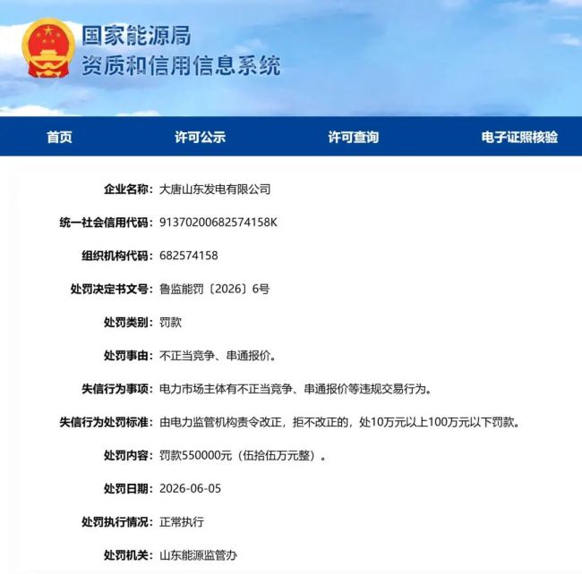 大唐山东发电有限公司因不正当竞争、串通报价被罚款55万元