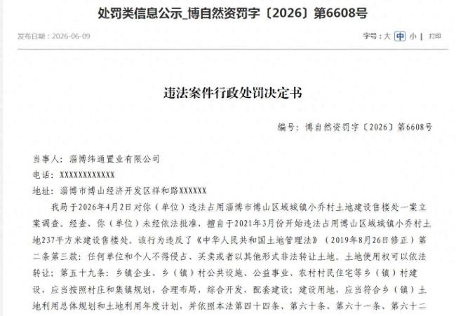 未经依法批准擅自占用土地建设售楼处,淄博纬通置业被责令15日内退还占用土地并罚款