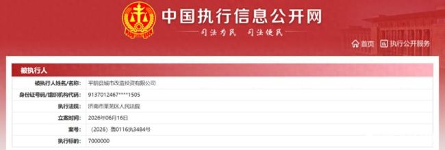 济南平阴县城投年内11次被执行，累计涉资超1.59亿元
