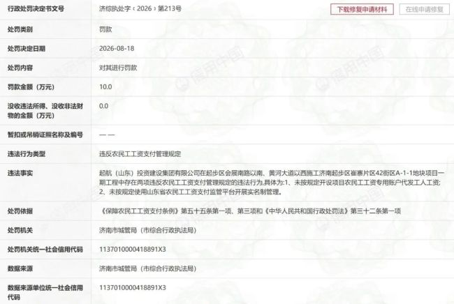 因未按规定开设项目农民工工资专用账户等违法行为，起航（山东）投资建设集团有限公司被罚10万元