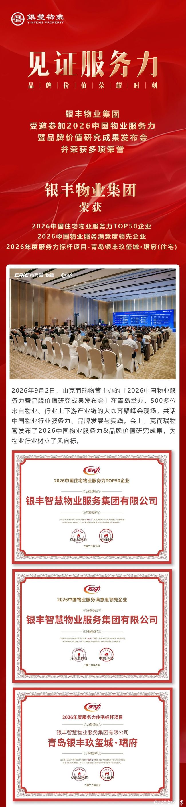 银丰物业集团荣获“2026中国住宅物业服务力TOP50企业”等多项荣誉
