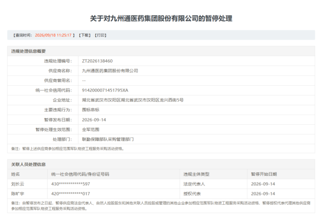因围标串标,九州通医药集团股份有限公司被暂停全军采购资格,法定代表人及授权代表同步受限