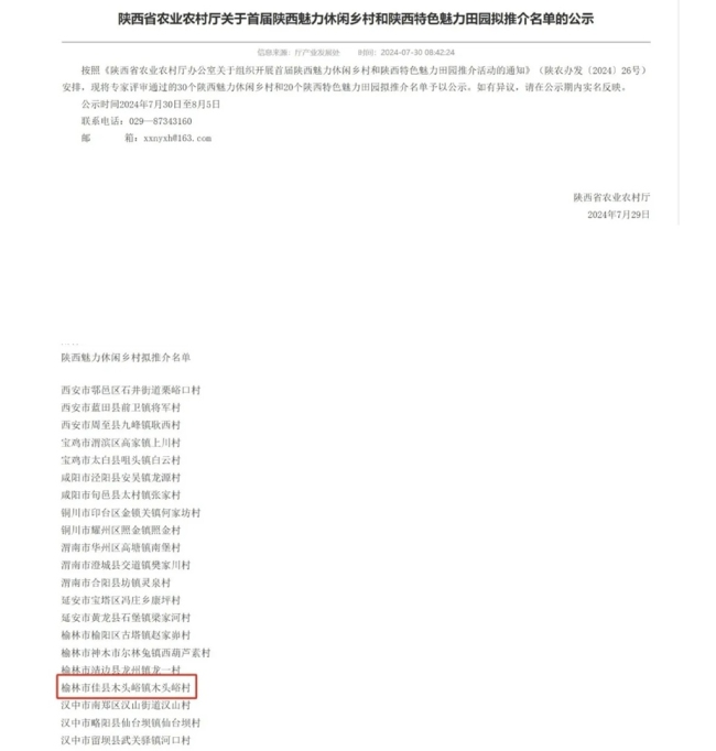 佳县木头峪村入选“陕西魅力休闲乡村”