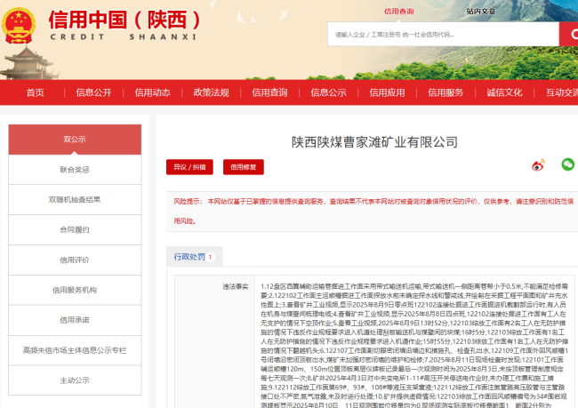 存在17项违法事实，陕西陕煤曹家滩矿业被警告并罚款25.8万元