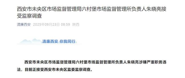 西安市未央区市场监督管理局六村堡市场监督管理所负责人朱晓亮接受监察调查