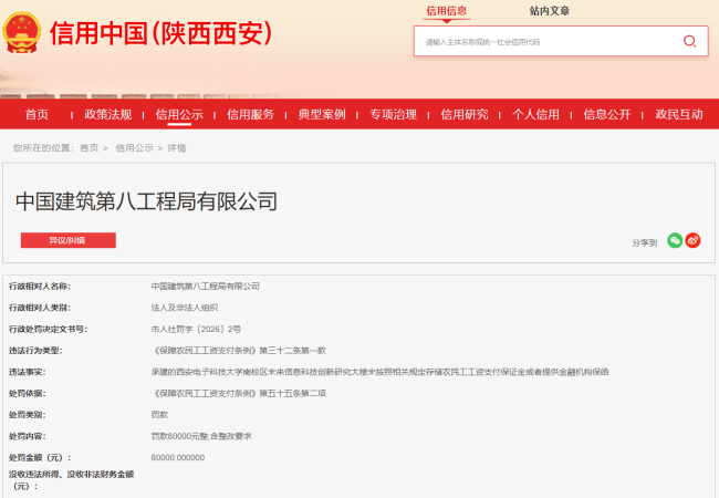 承建的西电未来信息科技创新研究大楼项目违反《保障农民工工资支付条例》，中建八局被罚8万元