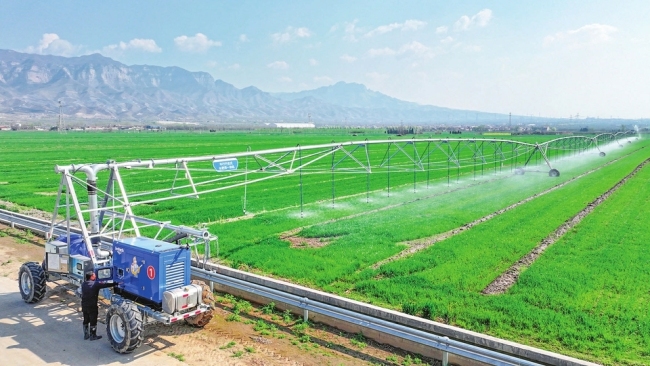 给麦田喷灌和施肥