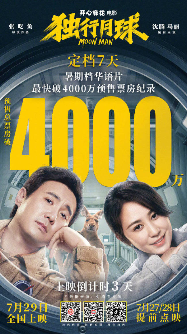 沈腾马丽主演《独行月球》点映及预售票房破4000万发布抵制偷漏瞒报票房声明