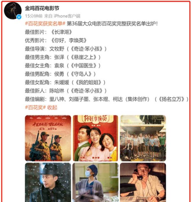 第36届百花奖名单出炉，获奖影星全是演技派，贾玲成大赢家