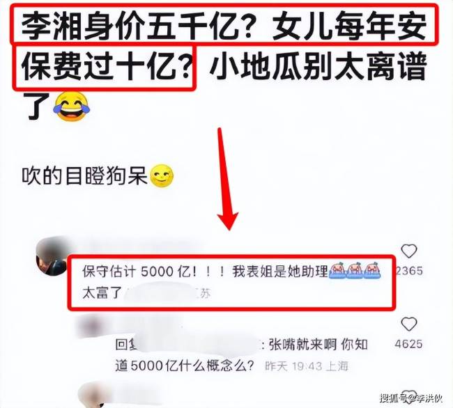 网传李湘身价5000亿，光王诗龄安保费就高达10亿，网友的评论亮了