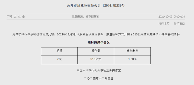 央行今日公开市场净回笼2480亿元