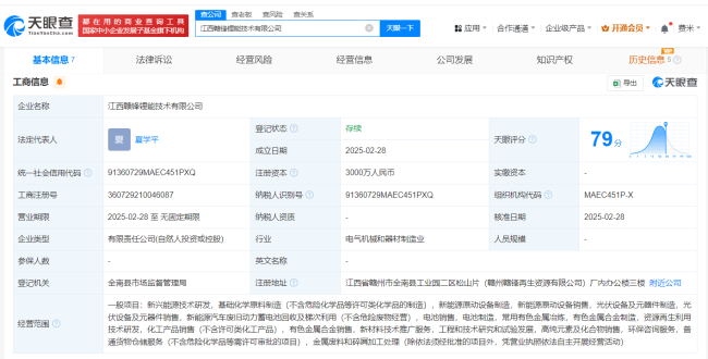 赣锋锂业等在江西成立锂能技术公司 注册资本3000万