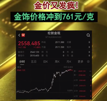 金价又发疯！首饰金价涨至758元每克