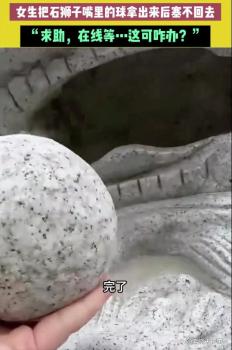 女生无意将石狮子口中圆球取出 好奇心惹的祸
