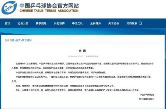 中國乒協(xié)回應(yīng)孫穎莎王楚欽退賽 健康為先退出賽事