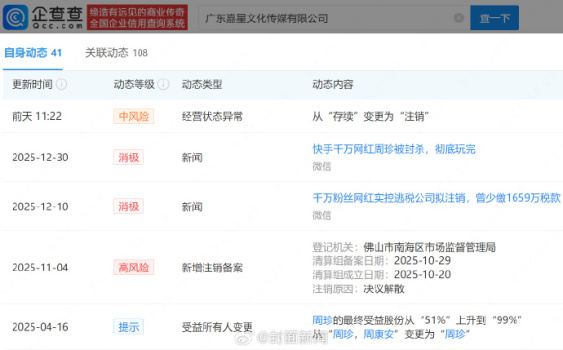 逃税1659万网红周珍公司注销