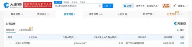 李亚鹏公司欠税634万被公告 涉及城镇土地使用税