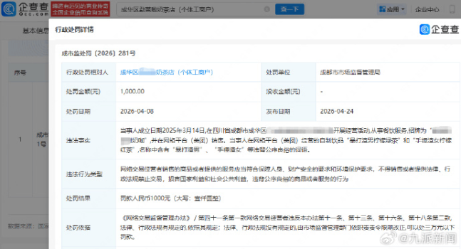 奶茶店因饮品名为暴打渣男被罚 违背公序良俗受罚