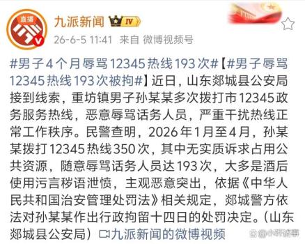 男子4個月辱罵12345熱線193次 酒后泄憤代價沉重